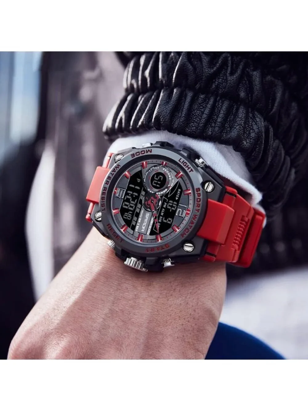 Men's Red And Black Analog Quartz Sports Waterproof Military LED Digital Watch